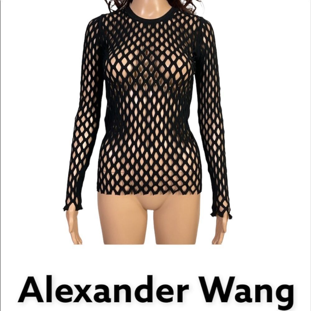 Alexander Wang Black Open Knit Long Sleeve Fishnet Mesh Knit Top XS/S